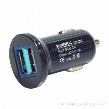2.1A mobile phone and tablet PC dual USB car charger with blue LED power indicator